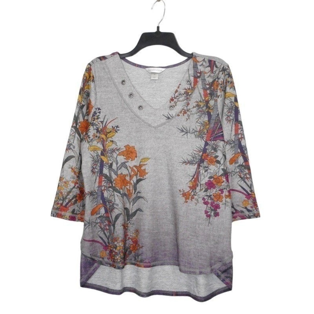 Christopher Banks‎ Top M L Gray V-Neck 3/4 Sleeve Floral Knit Embellished Casual